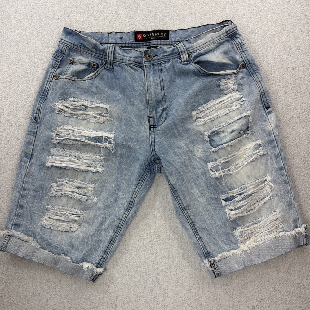 SOUTHPOLE Men's Size 34 Light Wash Distressed Ripped Skater Jorts Denim Shorts